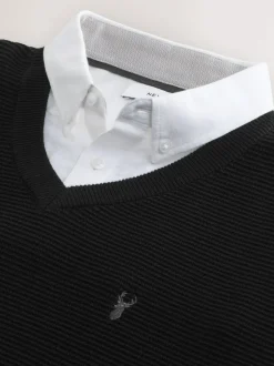 Next Regular Fit Textured Oxford Mock Shirt Jumper Black Hot