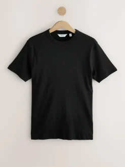 Next Ribbed Short Sleeve Crew T-Shirt Black Clearance