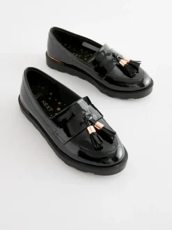 Next Black Rose Gold Standard Fit (F) School Tassel Loafers New