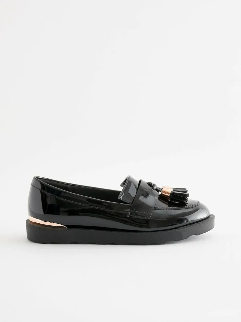 Next Black Rose Gold Standard Fit (F) School Tassel Loafers New