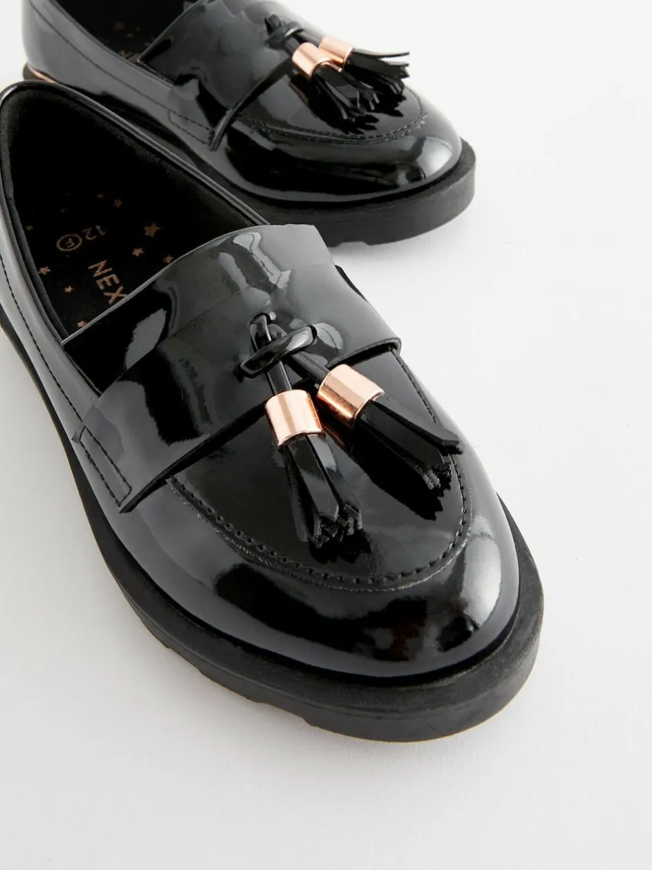 Next Black Rose Gold Standard Fit (F) School Tassel Loafers New