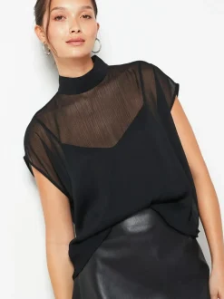 Next Black Sheer Layer Cap Sleeve Top Hot
