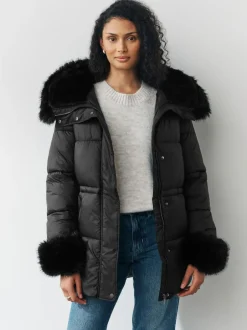 Next Black Short Padded Coat with Faux Fur Trim Hood and Cuffs Best