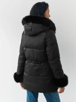 Next Black Short Padded Coat with Faux Fur Trim Hood and Cuffs Best