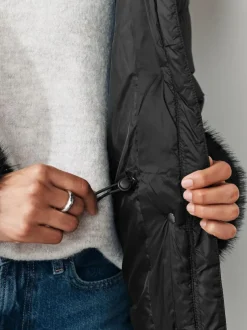 Next Black Short Padded Coat with Faux Fur Trim Hood and Cuffs Best