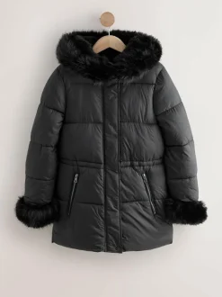 Next Black Short Padded Coat with Faux Fur Trim Hood and Cuffs Best