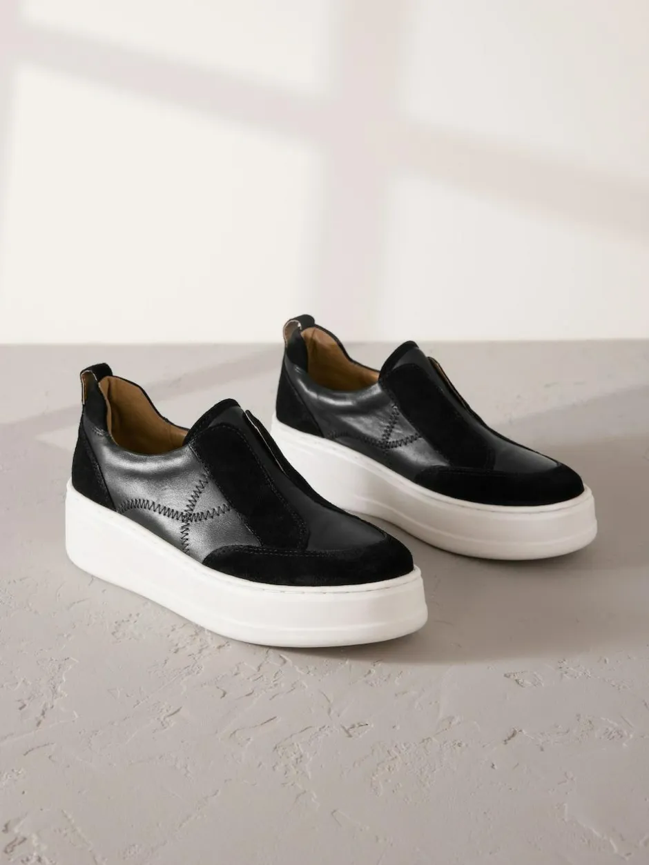 Next Slip On Signature Leather Chunky Wedge Platform Trainers Black Discount