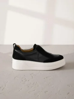 Next Slip On Signature Leather Chunky Wedge Platform Trainers Black Discount