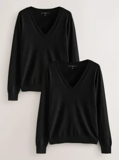 Next Black Soft Touch V-Neck Cotton Rich Jumpers 2 Pack Outlet