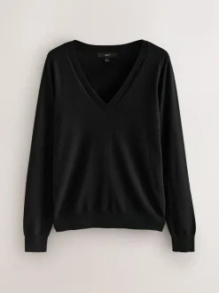 Next Black Soft Touch V-Neck Cotton Rich Jumpers 2 Pack Outlet