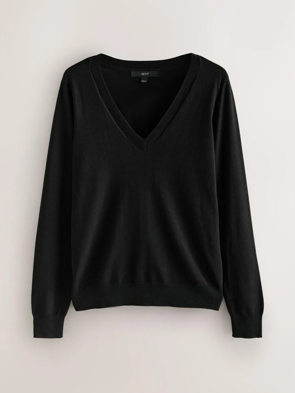 Next Black Soft Touch V-Neck Cotton Rich Jumpers 2 Pack Outlet