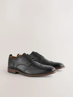 Next Standard Fit Leather Contrast Sole Brogue Shoes Black Clearance