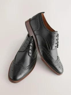 Next Standard Fit Leather Contrast Sole Brogue Shoes Black Clearance