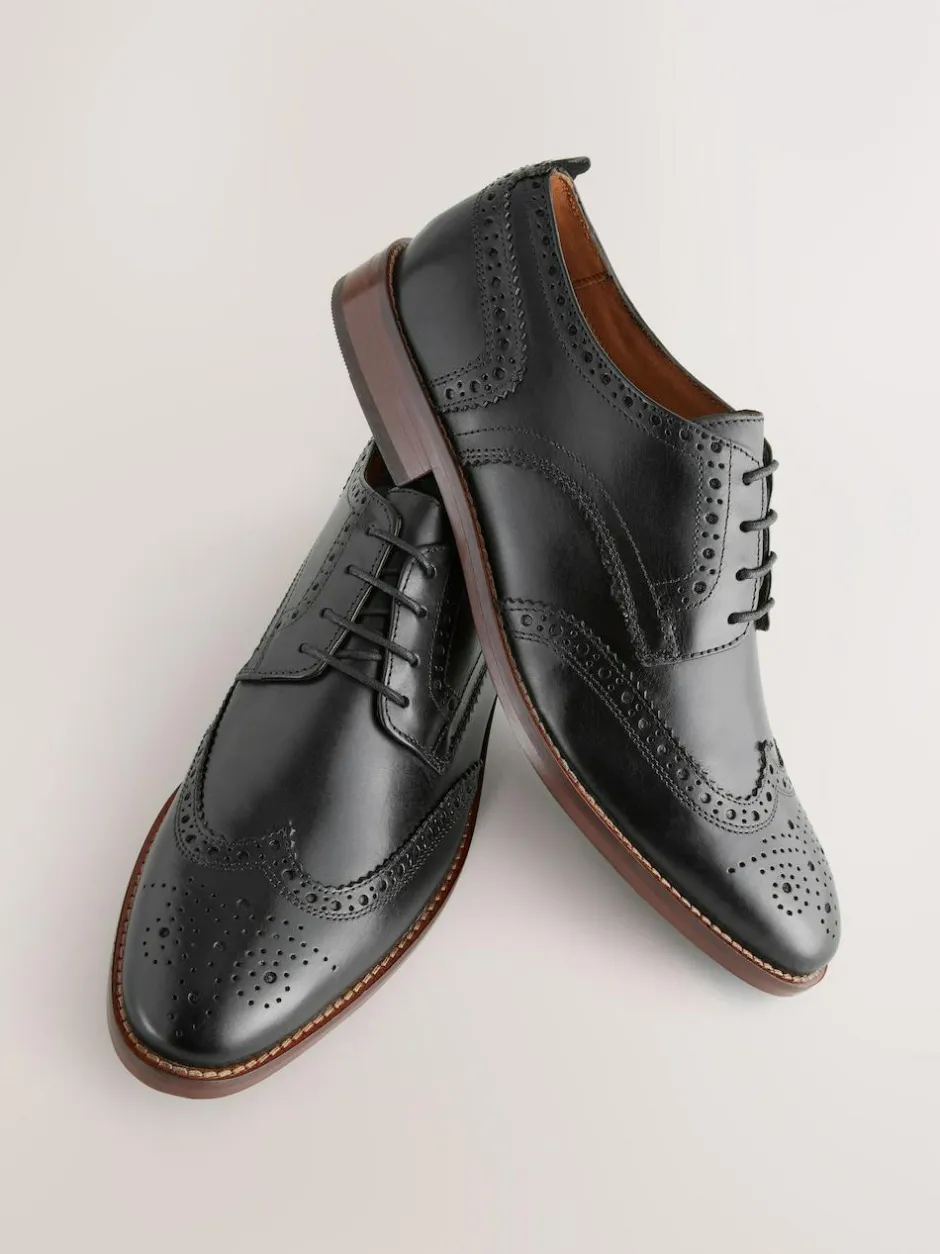 Next Standard Fit Leather Contrast Sole Brogue Shoes Black Clearance