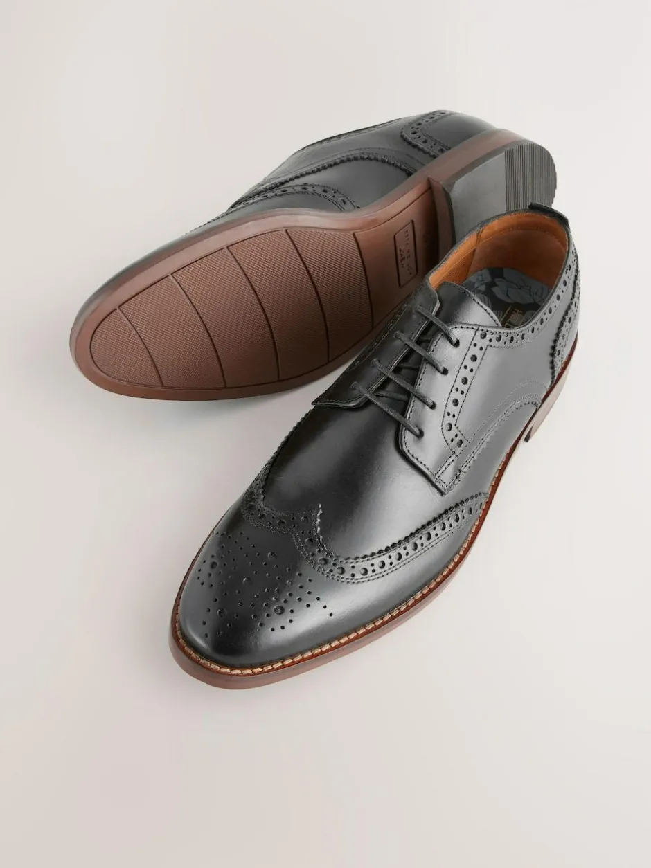 Next Standard Fit Leather Contrast Sole Brogue Shoes Black Clearance