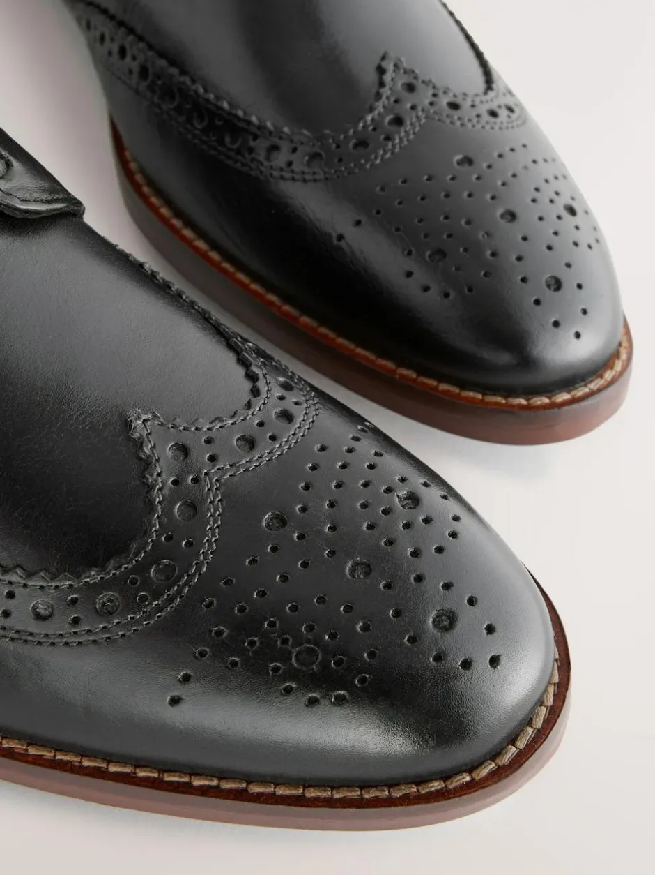Next Standard Fit Leather Contrast Sole Brogue Shoes Black Clearance