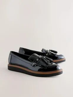 Next Standard/Wide Fit Chunky Patent Tassel Detail Loafers Black Outlet
