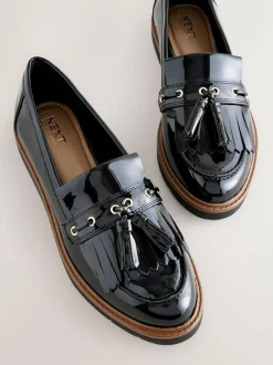 Next Standard/Wide Fit Chunky Patent Tassel Detail Loafers Black Outlet