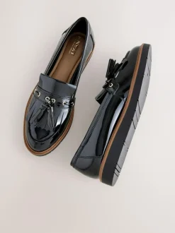 Next Standard/Wide Fit Chunky Patent Tassel Detail Loafers Black Outlet