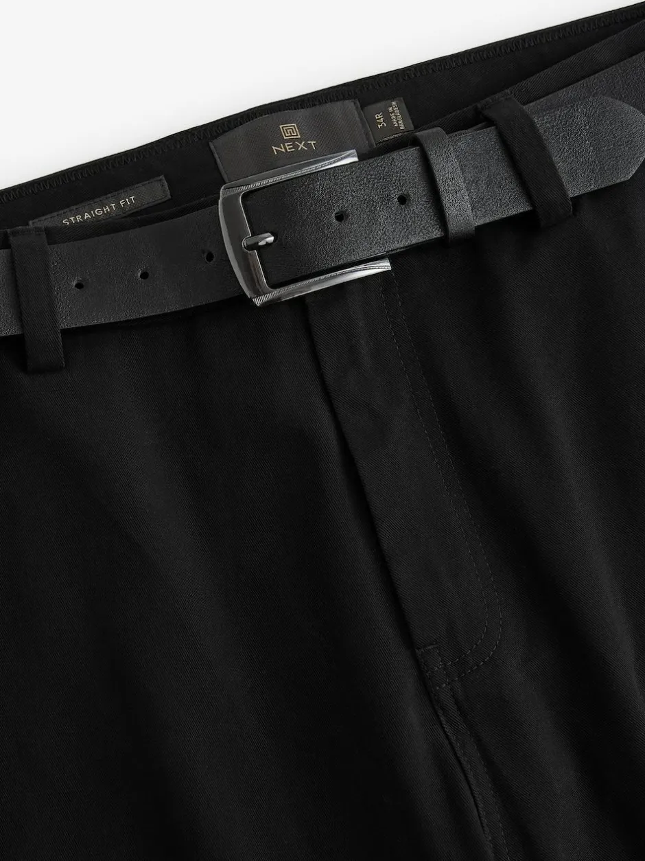 Next Straight Fit Belted Soft Touch Chino Trousers Black Discount