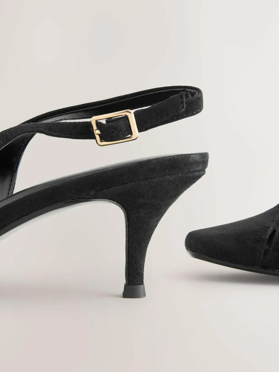 Next Leather Cutout Hardware Detail Slingback Heels Black Suede Clearance