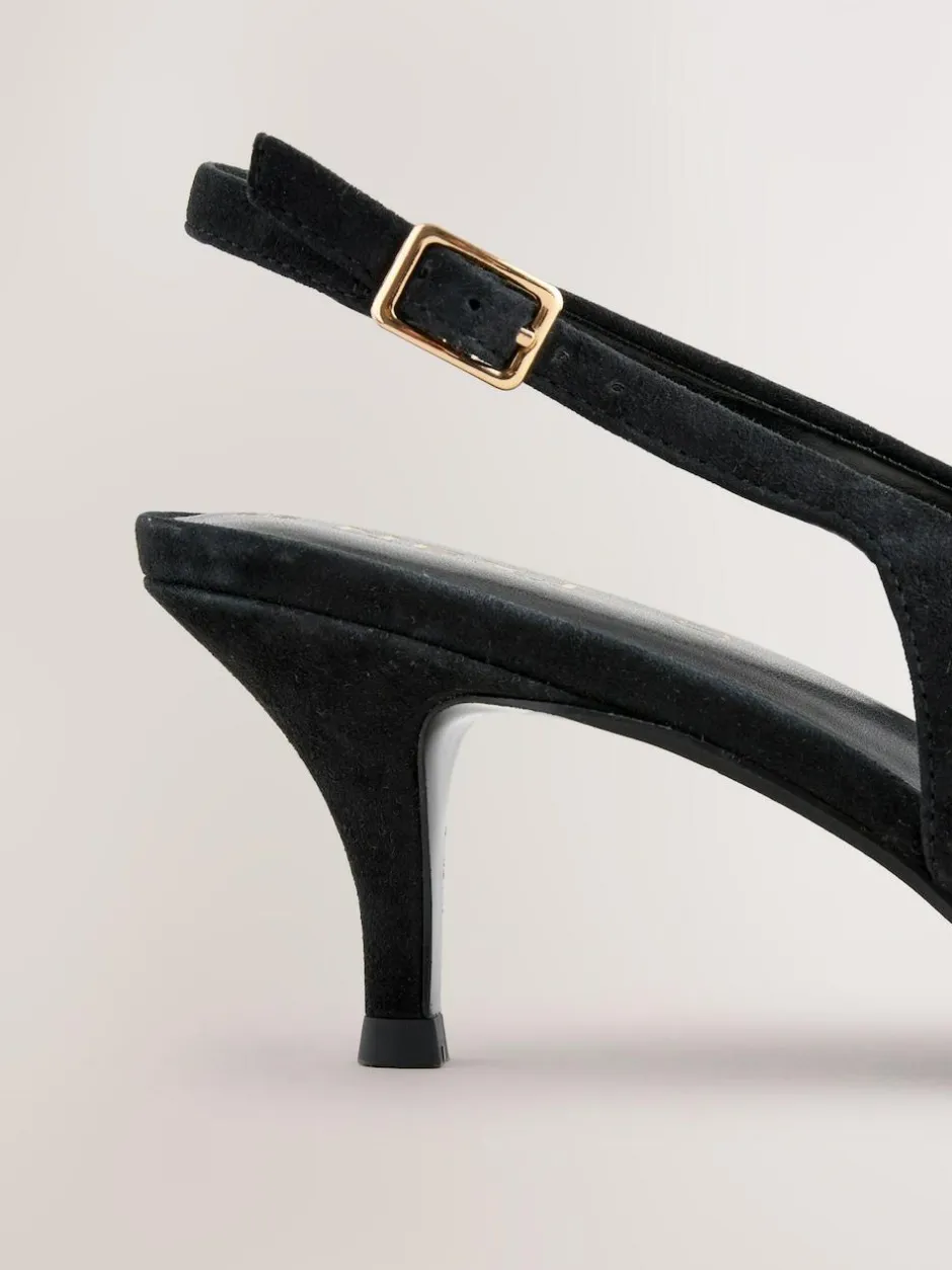 Next Leather Cutout Hardware Detail Slingback Heels Black Suede Clearance