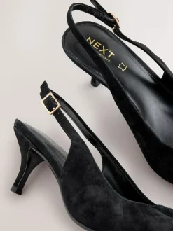 Next Leather Cutout Hardware Detail Slingback Heels Black Suede Clearance