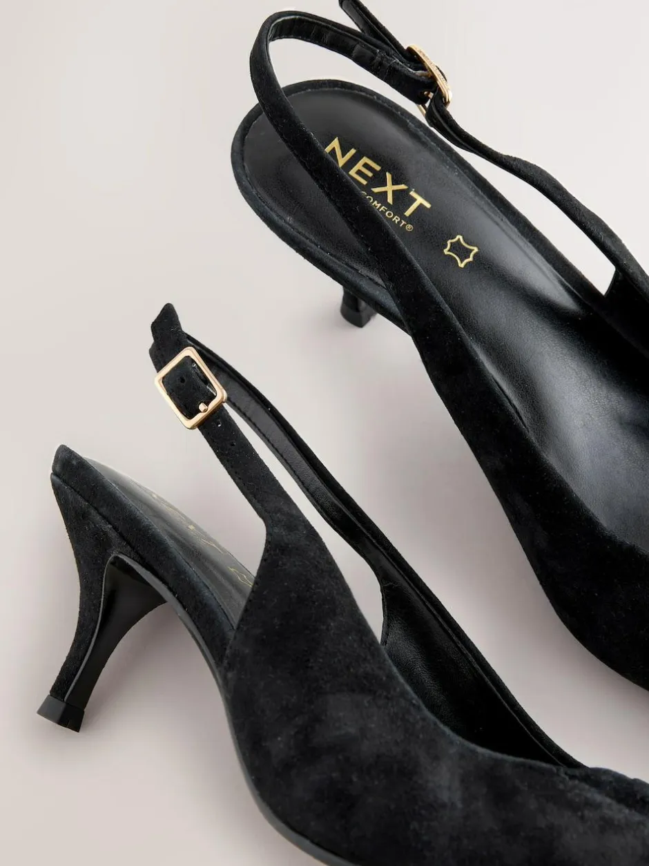 Next Leather Cutout Hardware Detail Slingback Heels Black Suede Clearance