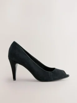 Next Premium Leather Peep Toe Heels Black Suede Outlet