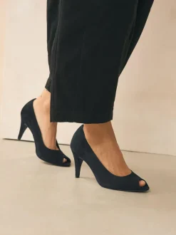 Next Premium Leather Peep Toe Heels Black Suede Outlet