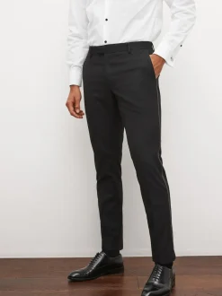 Next Slim Fit Tuxedo Suit Trousers Black Tape Detail New