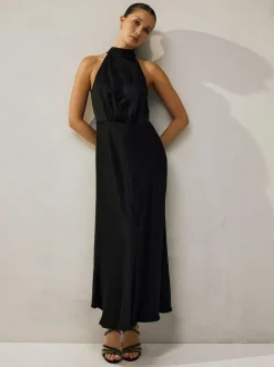 Next Black Textured Satin Halter Sleeveless Midi Dress Clearance