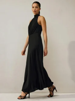 Next Black Textured Satin Halter Sleeveless Midi Dress Clearance