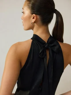 Next Black Textured Satin Halter Sleeveless Midi Dress Clearance