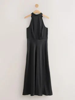 Next Black Textured Satin Halter Sleeveless Midi Dress Clearance