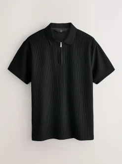 Next Textured Smart Zip Neck Polo Shirt Black Online