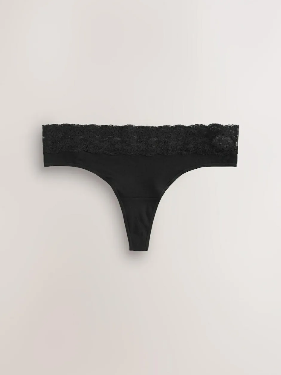 Next Thong Cotton and Lace Knickers 7 Pack Black New