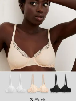 Next Black/ White/Pastel Rose Nude Non Pad Balcony Cotton Blend Ultimate Comfort Bras 3 Pack Hot
