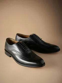 Next Wide Fit Signature Italian Leather Wingcap Brogue Shoes Black Discount