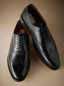 Next Wide Fit Signature Italian Leather Wingcap Brogue Shoes Black Discount