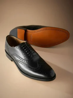 Next Wide Fit Signature Italian Leather Wingcap Brogue Shoes Black Discount