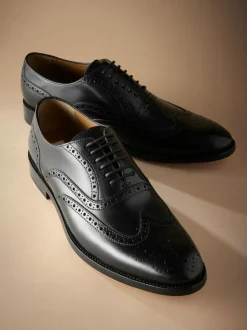 Next Wide Fit Signature Italian Leather Wingcap Brogue Shoes Black Discount