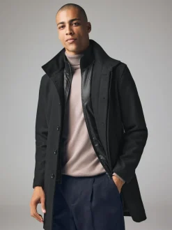 Next Wool Blend Mock Gilet Herringbone Padded Coat Black Discount