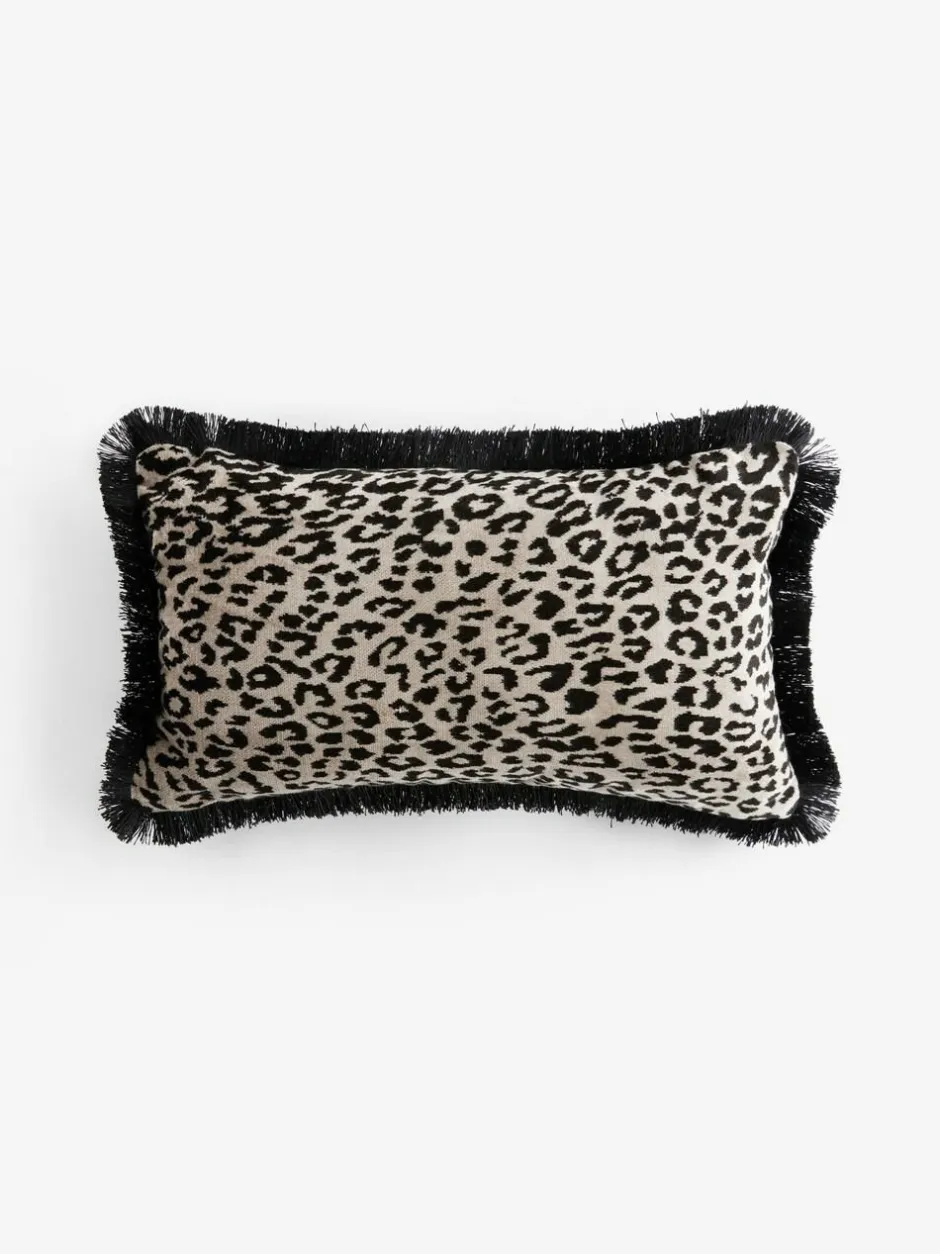 Next Black/Animal 50 x 30cm Velvet Faux Leopard Print Fringe Cushion