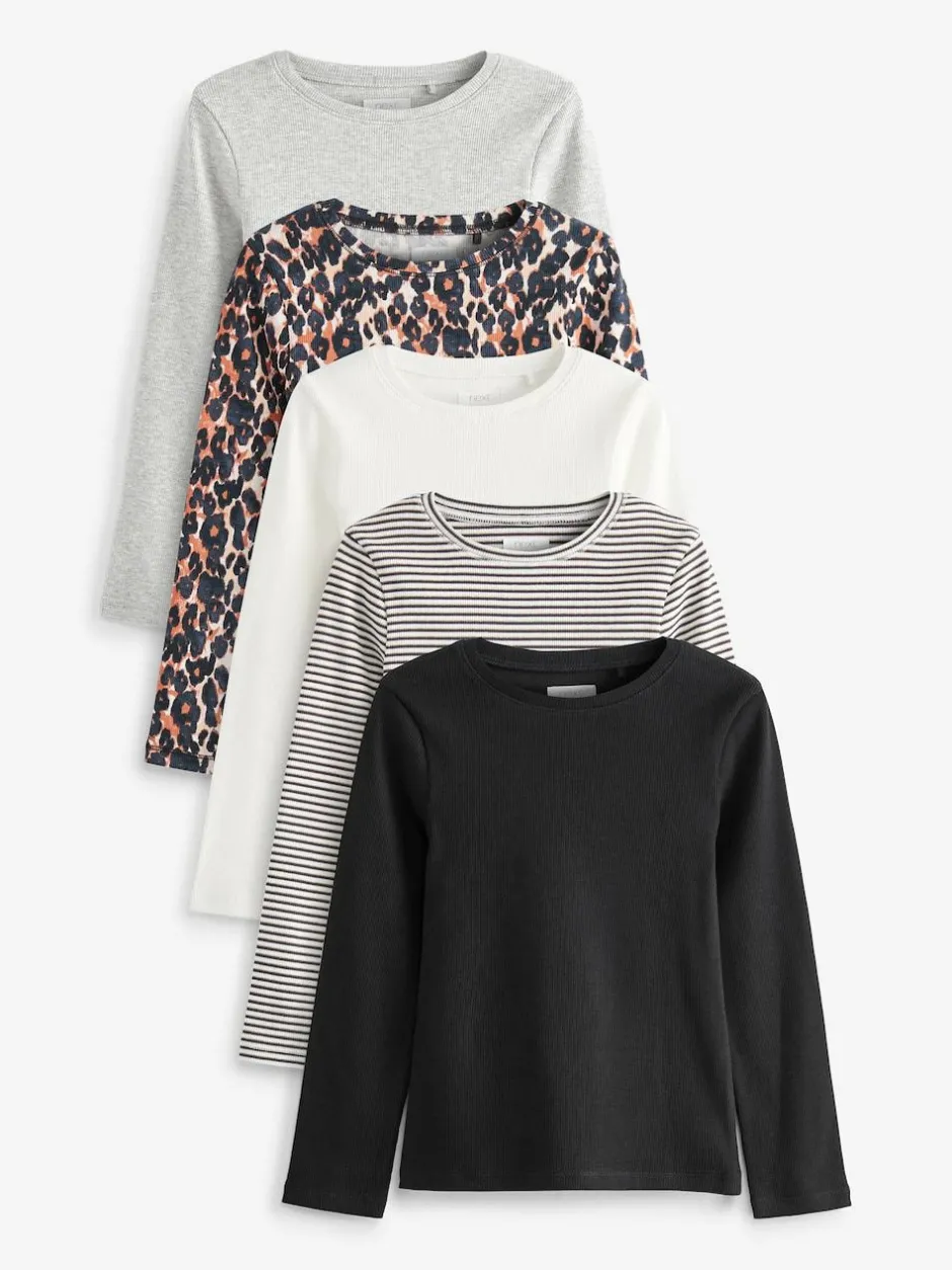 Next Ribbed Long Sleeve Tops 5 Pack (3-16yrs) Black/Animal/White/Stripe Discount