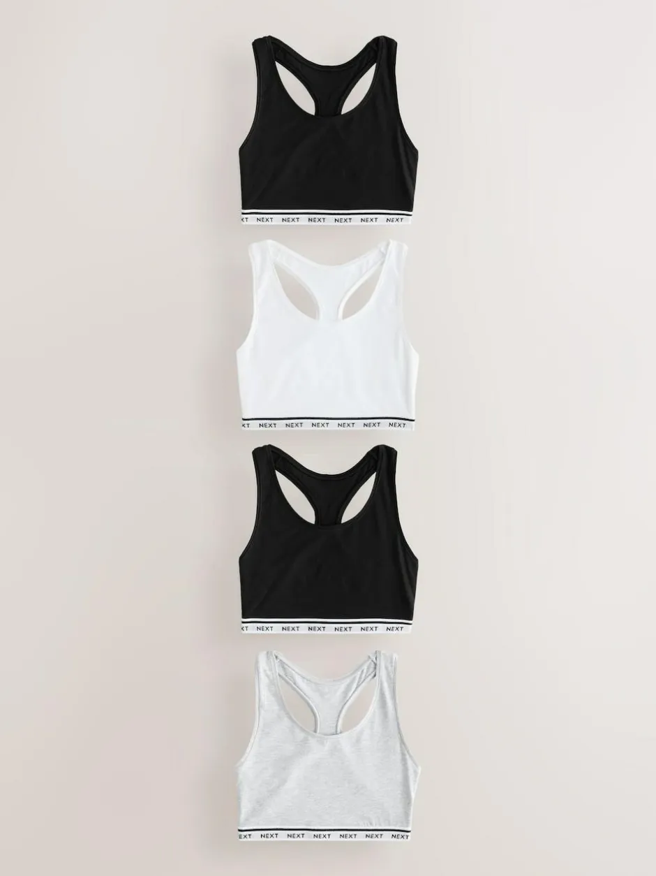 Next Black/Black/Grey/White Ultimate Comfort Cotton Logo Crop Bras 4 Pack New