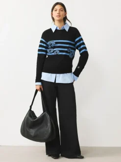 Next Black/Blue Floral Stripe Soft Touch Crew Neck Cotton Rich Jumper Outlet