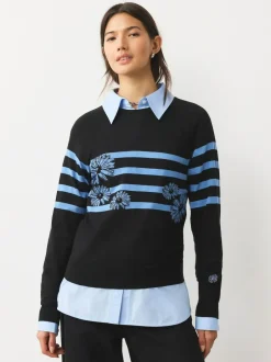 Next Black/Blue Floral Stripe Soft Touch Crew Neck Cotton Rich Jumper Outlet