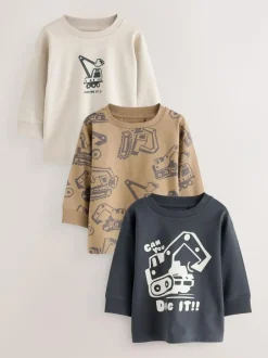 Next Black/Brown Digger Long Sleeve Graphic Print T-Shirts 3 Pack (3mths-7yrs)