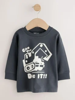 Next Black/Brown Digger Long Sleeve Graphic Print T-Shirts 3 Pack (3mths-7yrs)